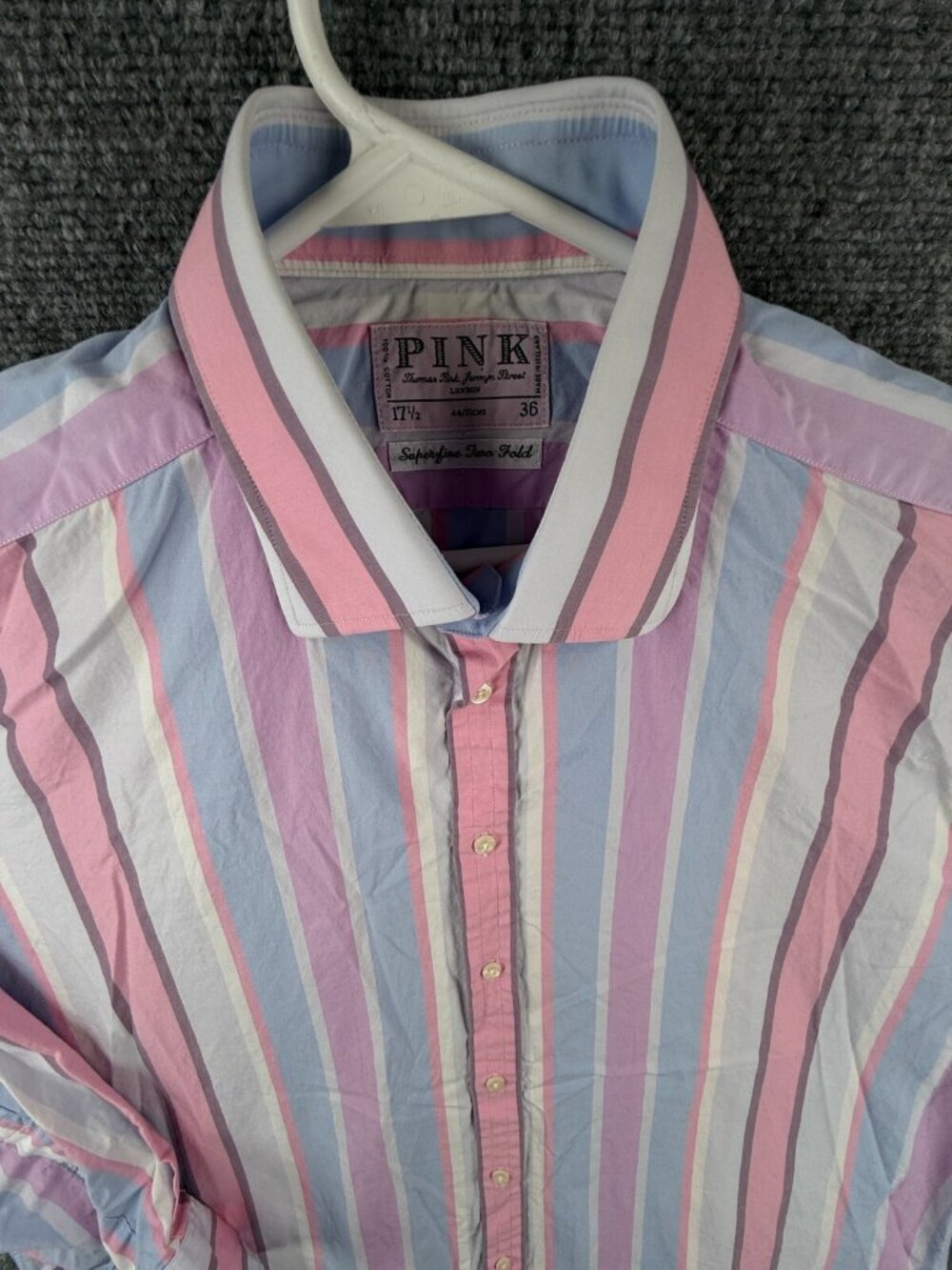 Thomas Pink Button Up Cotton Men Striped Colorful Easter 17.5 36 Superfine Adult